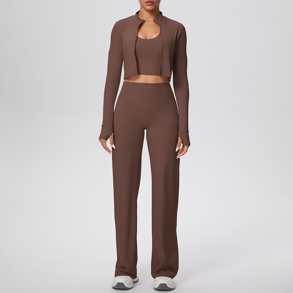 Cross-Border Solid Color Brushed Tight Halterneck Vest Wide-Leg Long Three-Piece Sports Running Fitness Yoga Suit