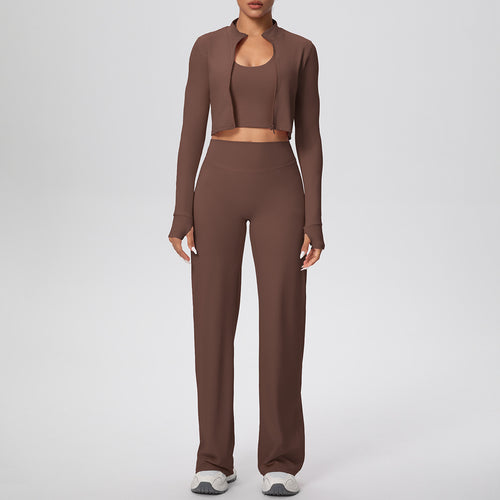 Cross-Border Solid Color Brushed Tight Halterneck Vest Wide-Leg Long Three-Piece Sports Running Fitness Yoga Suit